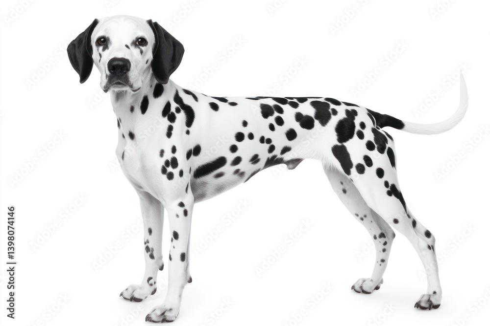 Dalmatian dog standing, white background, studio shot, pet portrait, website use Dalmatian dog standing, white background, studio shot, pet portrait, website use