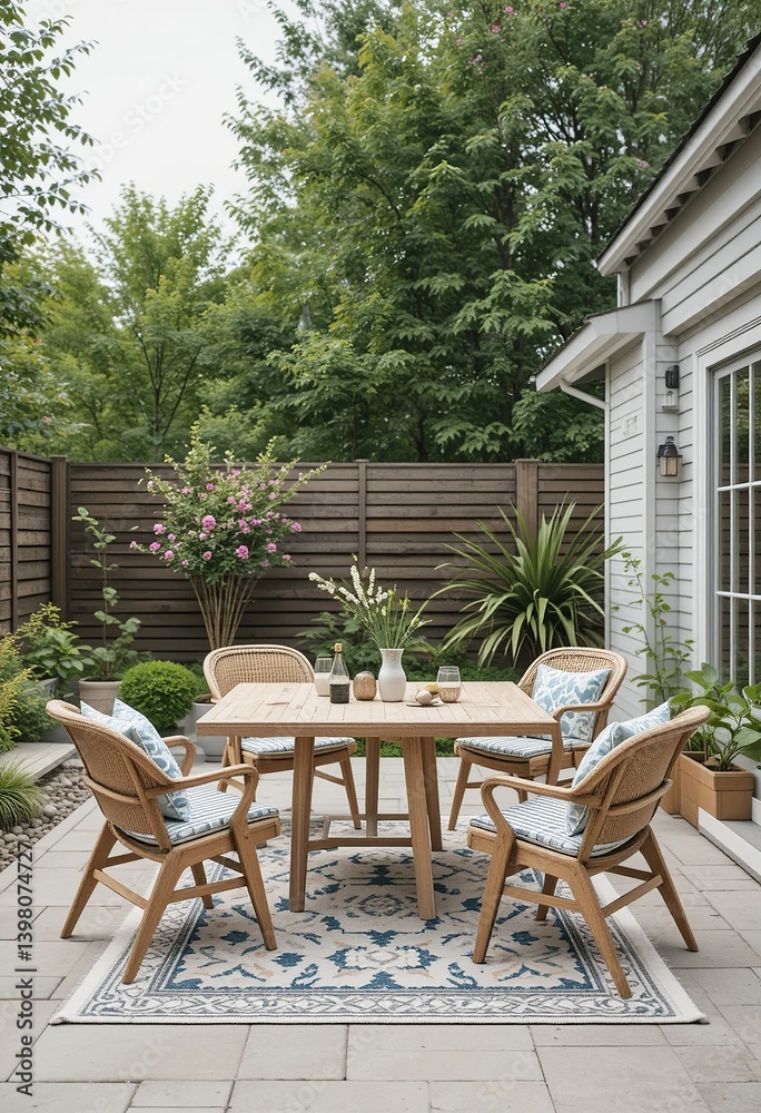 Fototapeta premium Outdoor dining set on a patio, surrounded by lush greenery, creating a tranquil and inviting space for relaxation and entertaining.