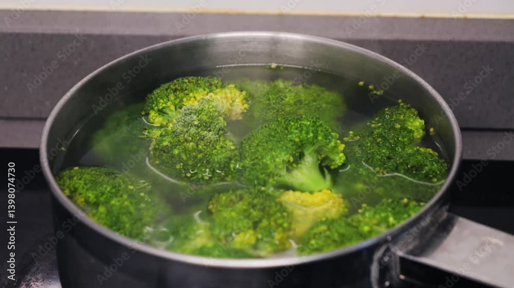 Green broccoli florets simmer. Healthy simple delicious food. High quality 4k footage Green broccoli florets simmer. Healthy simple delicious food. High quality 4k footage