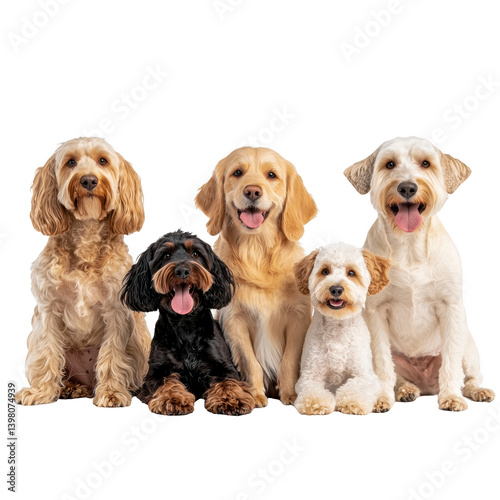 group of five adorable dogs sitting together, showcasing variety of breeds and sizes. Their happy expressions and fluffy coats create heartwarming scene