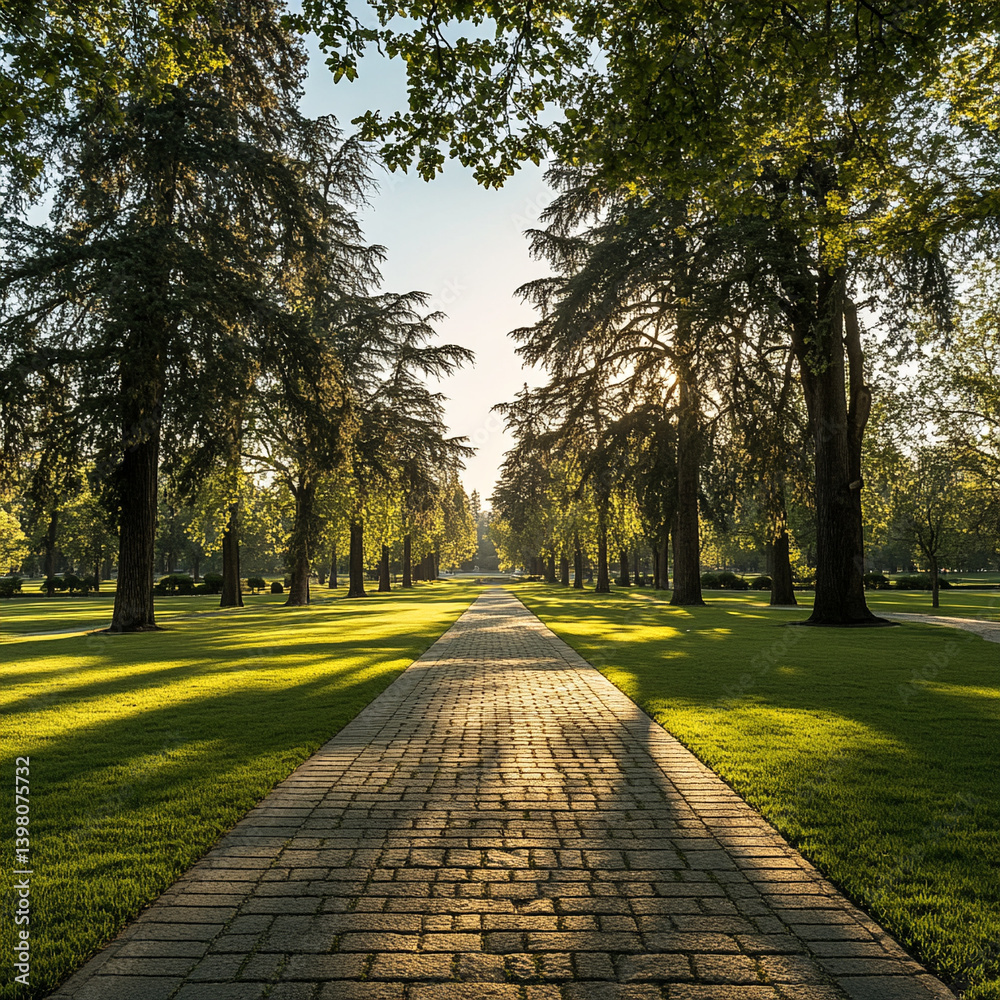 Obraz premium Serene pathway through a sunlit park in autumn