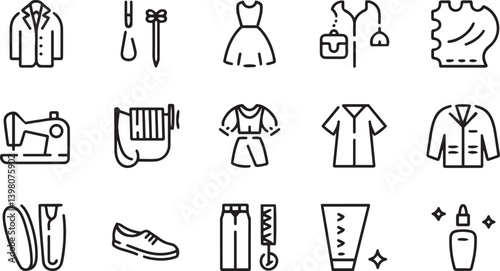 Fashion design icons, sewing and tailoring tools, clothing items, garment construction, minimalist line drawings, black and white, vector graphics, fashion industry symbols, dress forms, sewing machin