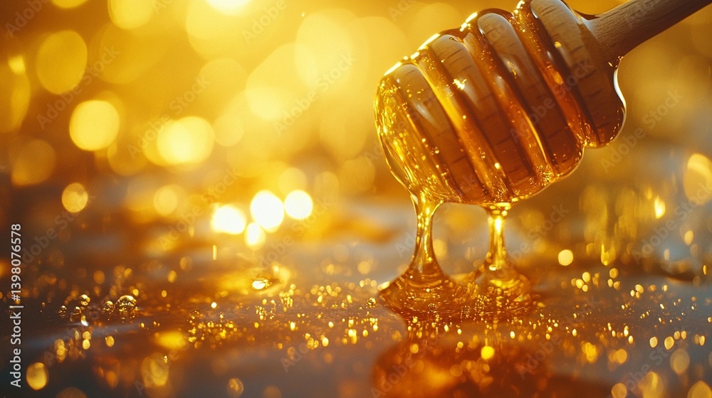 Honey dripping from a dipper onto a surface, glistening in golden light. Honey dripping from a dipper onto a surface, glistening in golden light.