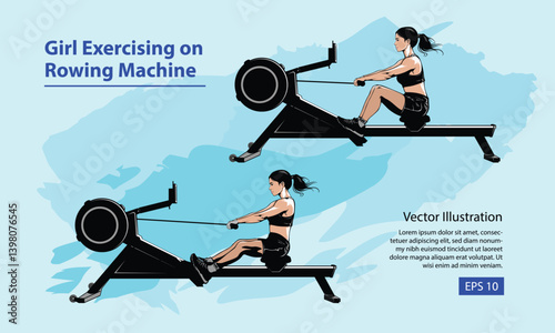 Girl Exercising on Rowing Machine illustration template with a blue background.