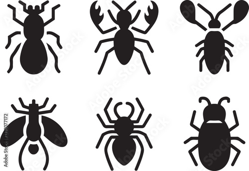 Insect silhouettes, black and white icons, minimalist bug designs, arthropod symbols, simplified arachnid shapes, geometric insect illustrations, vector graphics, entomology icons, stylized beetles
