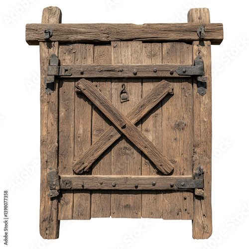 rustic wooden door with crossbeam design and metal hinges, evoking sense of history and craftsmanship. weathered texture adds character and charm
