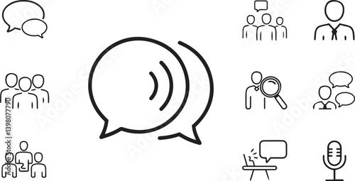 Line art icons, communication symbols, speech bubbles, conversation, dialogue, group discussion, social interaction, business meeting, microphone, magnifying glass, professional attire, teamwork