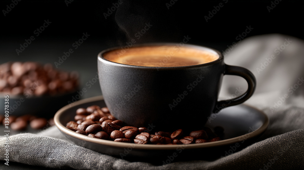 A dark cup of coffee sitting on a saucer with coffee beans and a bowl of beans in the background A dark cup of coffee sitting on a saucer with coffee beans and a bowl of beans in the background