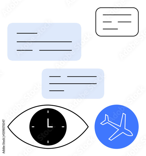 Text bubbles, eye with a clock, and airplane silhouette emphasize communication, scheduling, and travel logistics. Ideal for time efficiency, trip organization, global connectivity, ideas