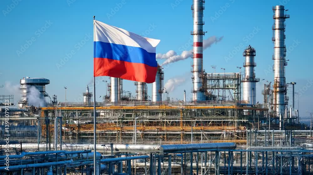 Industrial gas facility with the Russian flag on a pole.