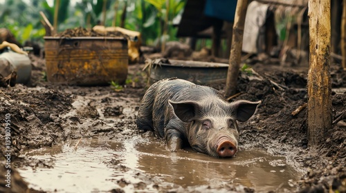A pig rolling in the mud after drinking water from a bucket.