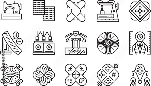 Minimalist line art icons, sewing and textile industry symbols, geometric patterns, abstract shapes, black and white illustrations, craftwork emblems, fashion design elements, manufacturing equipment