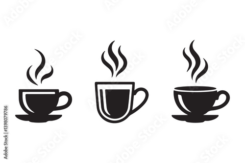 Simple Black and White Coffee Cup Icons with Steam