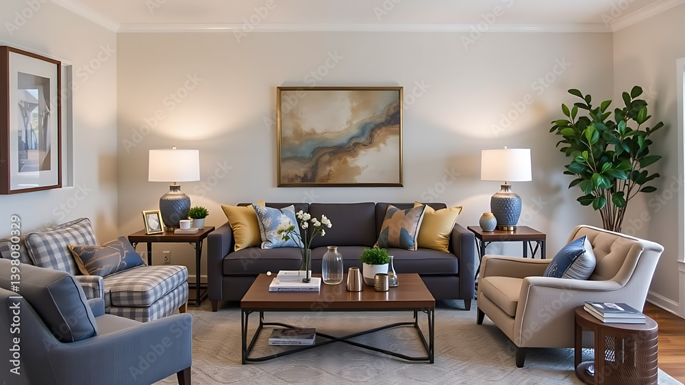 The arrangement of furniture and accessories creates a focal point around the sofa, encouraging interaction and conversation within the living space. The arrangement of furniture and accessories creates a focal point around the sofa, encouraging interaction and conversation within the living space.