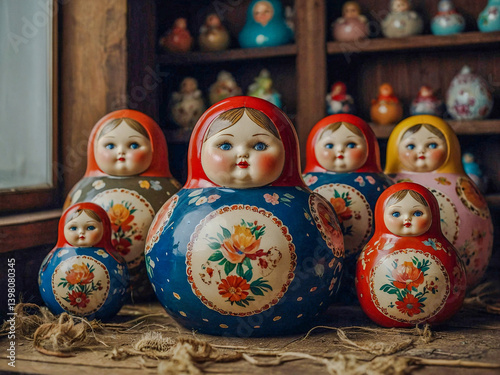 Fat matrioska doll surrounded by smaller dolls.