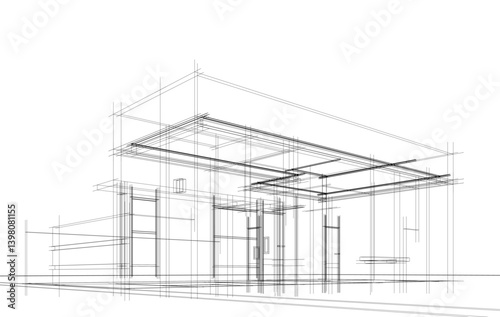 Architectural sketch of a building 3d illustration