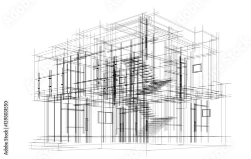 Architectural sketch of a building 3d illustration
