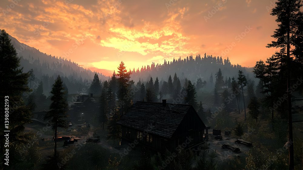 Pixelated Village Sunset In Forest Landscape Pixelated Village Sunset In Forest Landscape