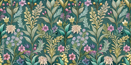 A vibrant floral pattern with various colorful flowers and lush greenery.