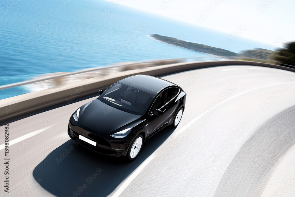 Fototapeta premium Electric SUV Driving Coastal Highway Scenic Route Modern Sustainable Transportation Technology Clean Energy Vehicle Smooth Journey Automotive Industry
