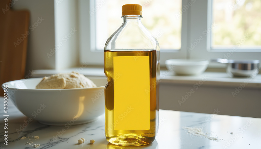 Oil label for plastic bottle. Labeled plastic oil bottle on marble counter with baking ingredients Oil label for plastic bottle. Labeled plastic oil bottle on marble counter with baking ingredients
