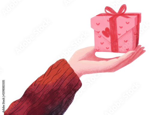 PNG Hand holding gift box illustration ribbon pink.