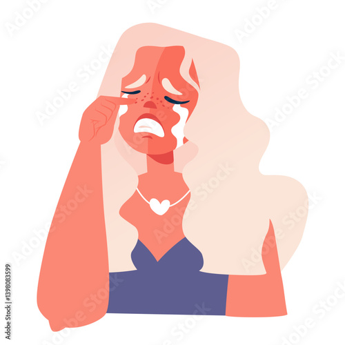 Young woman in tears. Sad depressed disappointed woman crying and wiping tears flowing like river with her hand. Character in despair, grief and sadness. Concept of sadness, disappointment.