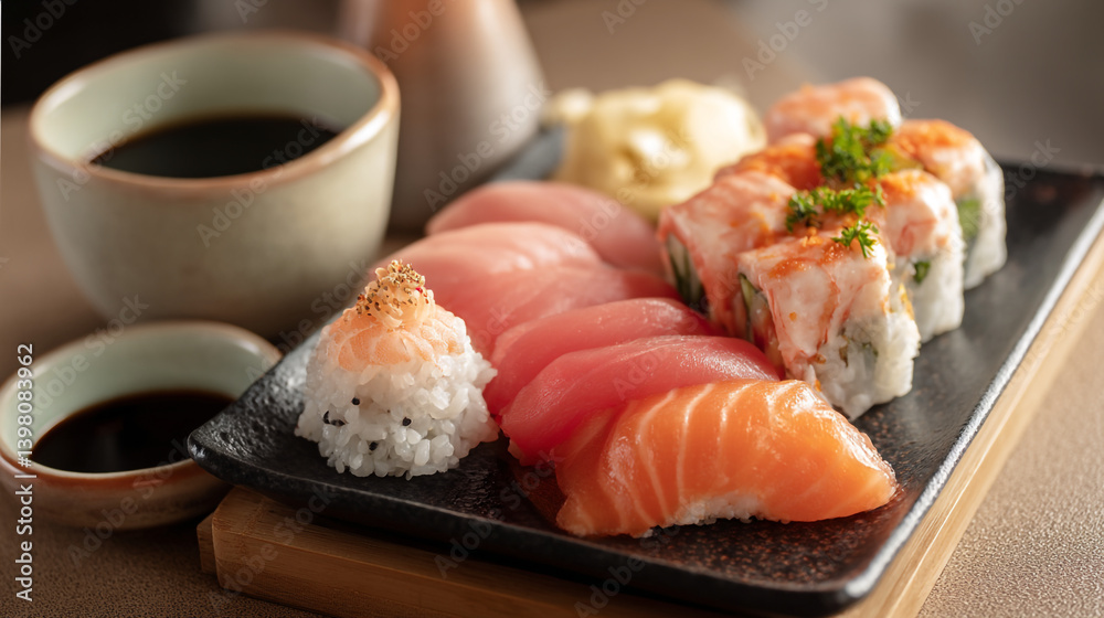 Delicious sushi platter with salmon tuna and california rolls japanese cuisine culinary experience Delicious sushi platter with salmon tuna and california rolls japanese cuisine culinary experience