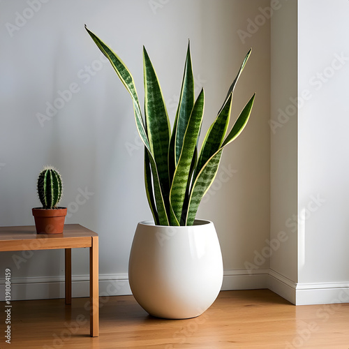 Digital artwork of a tall snake plant (Sansevieria) in a modern white ceramic pot. A clean and stylish indoor plant setup, ideal for minimalist interiors and contemporary home decor themes