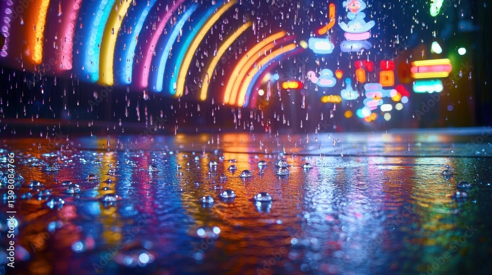 Obraz premium Rain-slicked city street at night under colorful neon lights