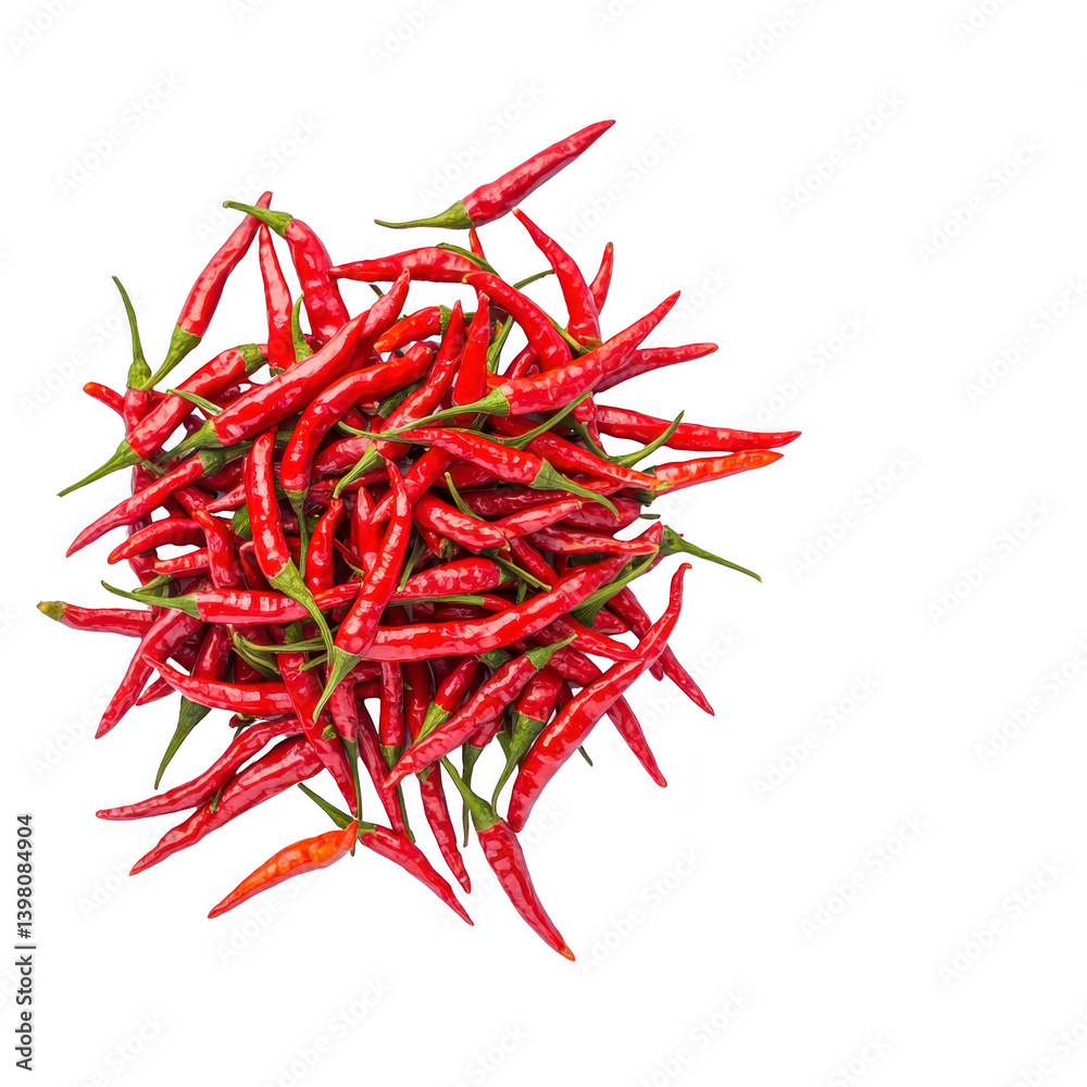 Fototapeta premium vibrant pile of fresh red chili peppers with green stems, showcasing their glossy texture and spicy appeal. Perfect for adding heat to culinary dishes