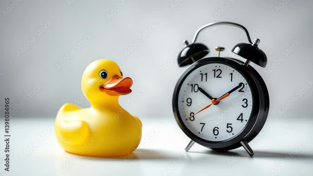 Focused view of a yellow rubber duck next to a solitary alarm clock.