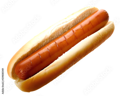Hot dog with mustard on white bun is a fast food snack.