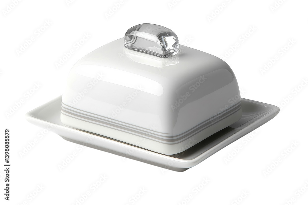 Elegant porcelain butter dish with a sleek, modern grey stripe design and a clear glass knob, perfect for adding a touch of sophistication to any table setting. Elegant porcelain butter dish with a sleek, modern grey stripe design and a clear glass knob, perfect for adding a touch of sophistication to any table setting.