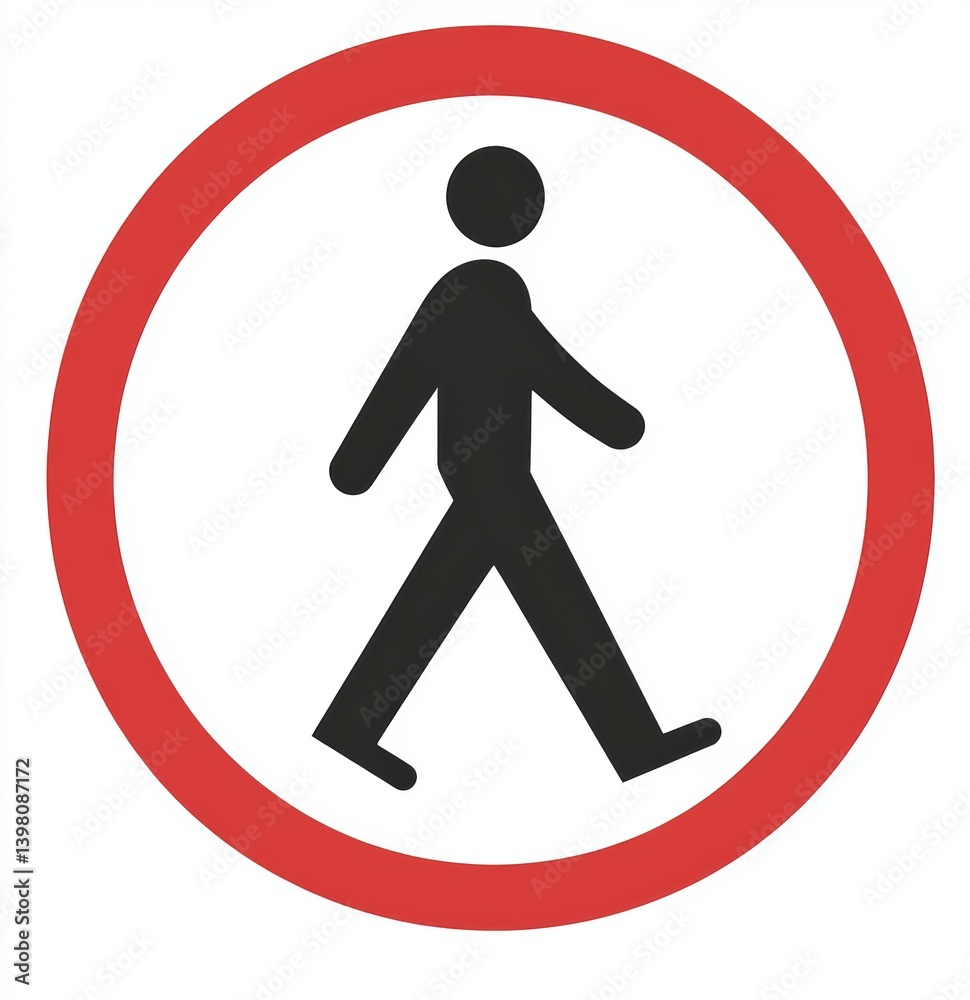 Pedestrian Crossing Sign: A red circle road sign indicating a designated pedestrian crossing, featuring a simple pictogram of a person walking, emphasizing safety and awareness. Pedestrian Crossing Sign: A red circle road sign indicating a designated pedestrian crossing, featuring a simple pictogram of a person walking, emphasizing safety and awareness.
