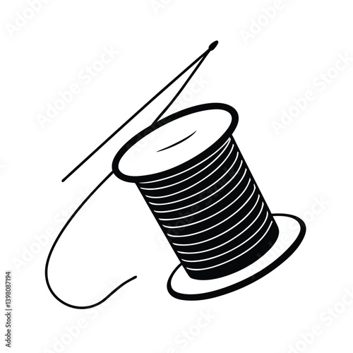 Spool Of Thread With Needle Black And White Vector Illustration Graphic