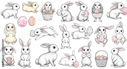 Playful Easter Bunnies Holding Colorful Eggs in Whimsical Designs for Spring Celebrations