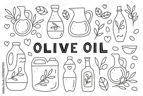 Set of doodle outline olive oil in jug, glass and plastic bottles, olive twigs isolated on white background. Healthy nutrition concept. Vegetable fats.
