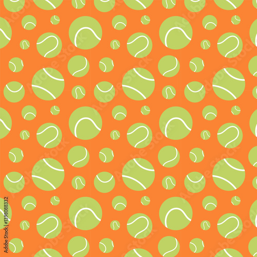 Seamless tennis ball pattern on orange background.Colorful seamless pattern featuring green tennis balls of various sizes on a bright orange background, ideal for sports designs.