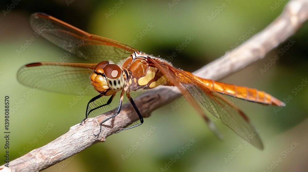 Close-up of a vibrant orange dragonfly perched on a small tree branch against a blurred green background. The dragonfly's intricate wing details and body markings are clearly visible Close-up of a vibrant orange dragonfly perched on a small tree branch against a blurred green background. The dragonfly's intricate wing details and body markings are clearly visible
