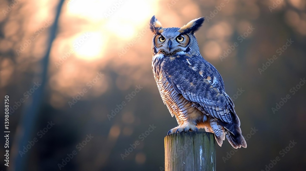 Majestic great horned owl perched on a weathered wooden post at sunrise, showcasing intricate plumage and intense gaze against a soft-focus natural background