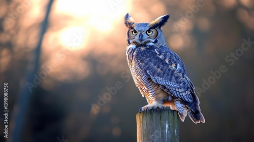 Obraz na płótnie Majestic great horned owl perched on a weathered wooden post at sunrise, showcasing intricate plumage and intense gaze against a soft-focus natural background w salonie