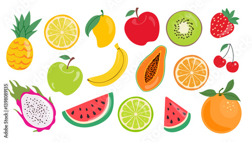 Set of different fruits. Collection of organic vitamins and healthy nutrition, tropical and summer fruits