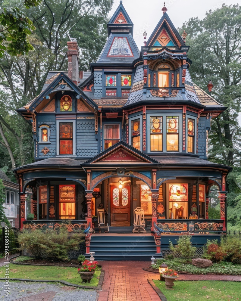Fototapeta premium Ornate Victorian home with colorful details, glowing windows, and surrounded by greenery.