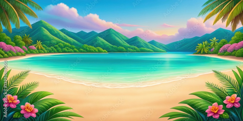 Fototapeta premium Tropical beach scene with vibrant waters, mountains, and lush vegetation under a colorful sky.