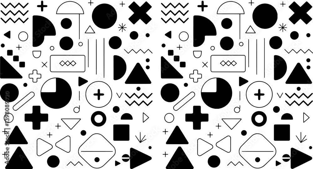 Fototapeta premium Black And White Geometric Pattern With Circles Triangles Squares And Lines