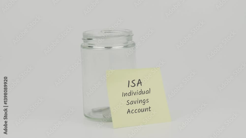 ISA (Individual Savings Account) text on a yellow note stuck to a jar of coins, with a hand inserting a coin. The image represents saving in an ISA to grow wealth and take advantage of tax benefits