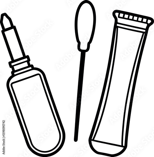 Black outline of liquid bottle, applicator stick, and stick container