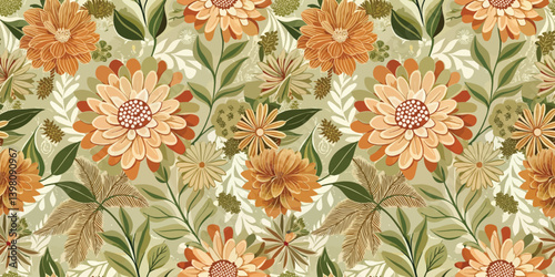 Charming floral pattern featuring warm orange blooms and lush green foliage.