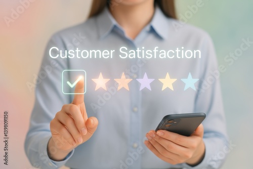 Businesswoman is using smartphone and giving five star feedback for customer satisfaction survey, increasing company rating and improving service quality